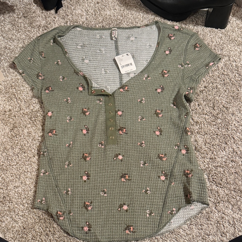 Free People Green Floral Button-Up Henley